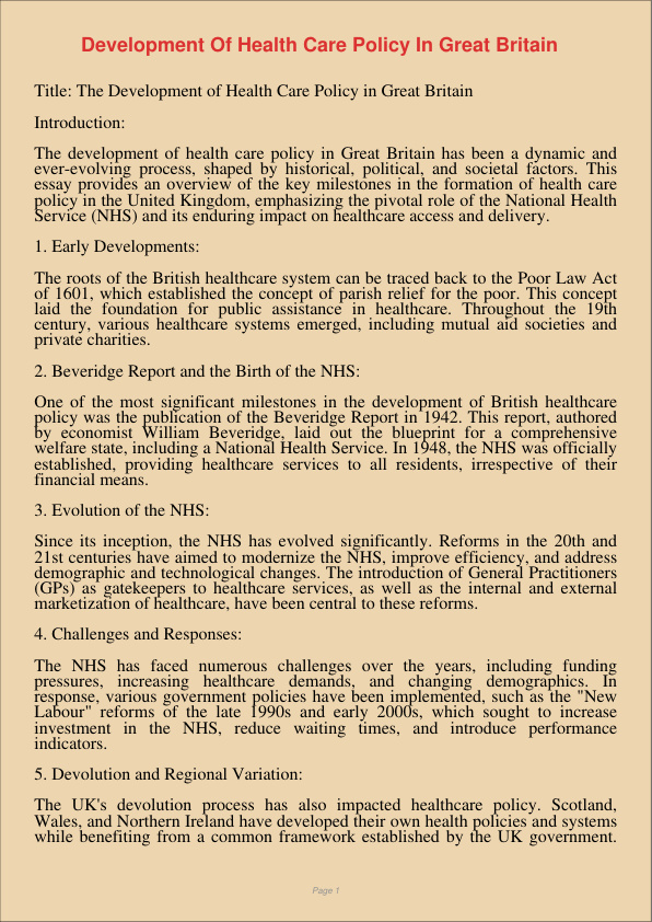 Development Of Health Care Policy In Great Britain