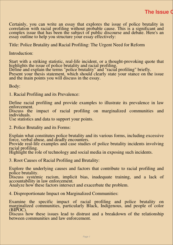 The Issue Of Police Brutality In Correlation With Racial Profiling Without A Probable Cause