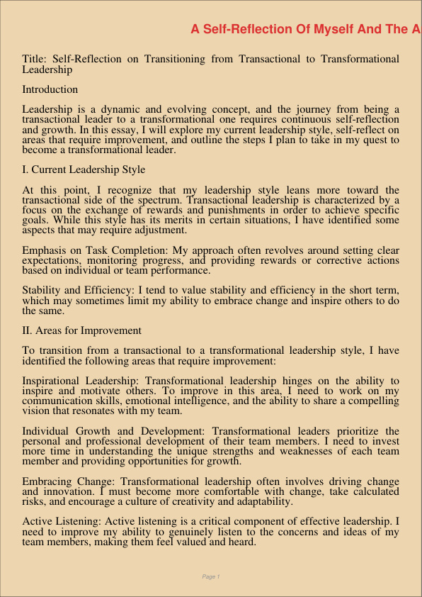 A SelfReflection Of Myself And The Areas I Want To Improve To Have A Transactional Leadership Style And Become A Transformational Leader