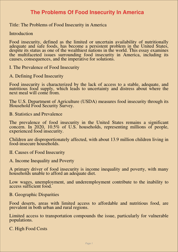 The Problems Of Food Insecurity In America