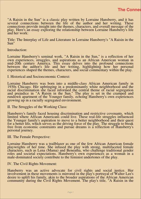 The Connections Between The Life Of The Author And Her Writing In A Raisin In The Sun