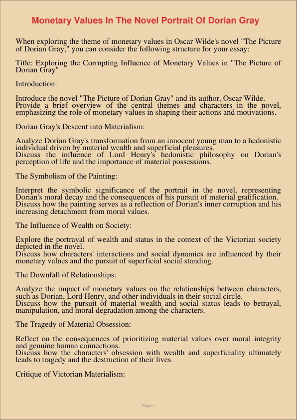 Monetary Values In The Novel Portrait Of Dorian Gray